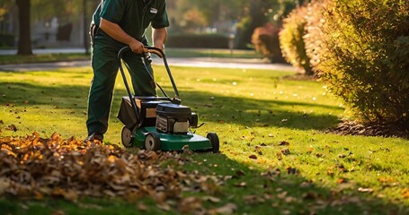Obraz premium An Autumn Park Groundskeeper with Leaf Blower Amidst Sunlit Foliage, Vibrant Colors, and Tranquil, Misty Morning Light V5