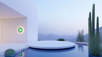 Fototapeta premium 2408_008 Serene nature stage surrounded by desert landscape, A tranquil circular platform nestled amidst towering cacti, set against a starry night sky backdrop, inviting exploration and connection