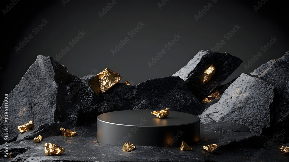 Poster 3d render, abstract background with black cobblestone ruins, broken rocks and golden nuggets. modern