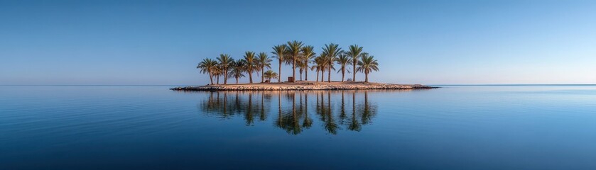 Obraz premium Tranquil remote island waterfront adorned with palm trees swaying gently in the breeze.