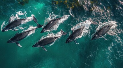 Fototapeta premium A drone shot of a pod of whales swimming in the ocean. The movement of the water and the bubbles created by the whales' swimming create a grand and powerful image.