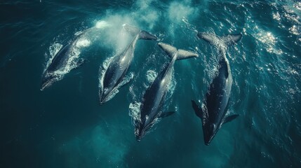 Fototapeta premium A drone shot of a pod of whales swimming in the ocean. The movement of the water and the bubbles created by the whales' swimming create a grand and powerful image.