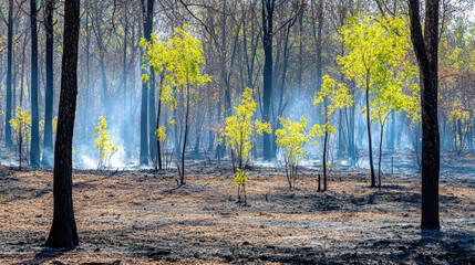 vibrant forest regrowth after fire, showcasing new green leaves amidst charred trees and smoke. contrast highlights nature resilience and beauty
