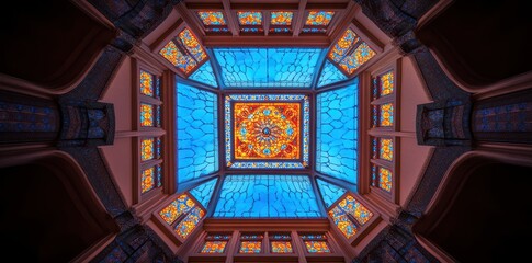 Vibrant stained glass skylight showcasing intricate ornamental designs and colorful patterns.