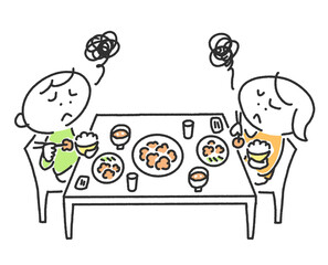 美味しくないご飯にモヤモヤする男女　