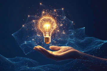 Hand holding light bulbs, network lines around. Concept of new ideas, innovation, creativity and digital transformation. Motivation and inspiration. Copy space.