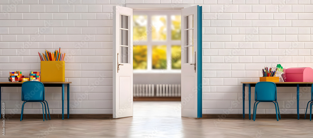 Poster back to school. classroom with an open door and empty white mockup wall background. 3d rendering, 3d