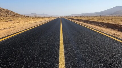 Fototapeta premium Driving on a new modern asphalt road in Damaraland, road perspective in the desert, Namibia, Africa.