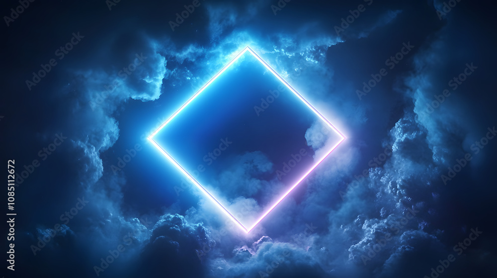 Poster 3d rendering, abstract futuristic background with neon geometric shape and stormy cloud on night sky