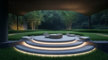 Obraz premium 2408_033 Serene nature stage surrounded by rice terraces, A tranquil circular platform nestled amidst emerald steps, set against a asian countryside backdrop, inviting exploration and connection