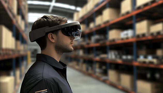 Man In Warehouse Using Virtual Reality Headset