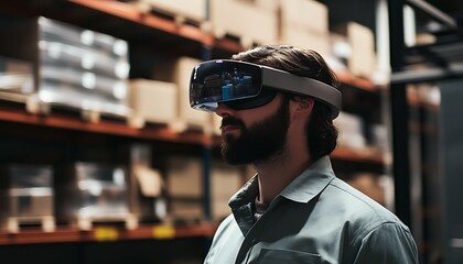Warehouse Worker Using Virtual Reality Headset In Logistics