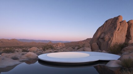 2408_036 Serene nature stage surrounded by joshua tree national park, A tranquil circular platform nestled amidst desert flora, set against a starry sky backdrop, inviting exploration and connection