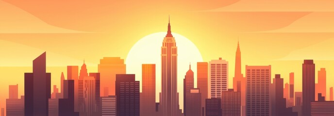 Obraz premium New york Travel Landscape. A vibrant sunset over a city skyline featuring iconic skyscrapers, with warm hues of orange and yellow illuminating the scene.