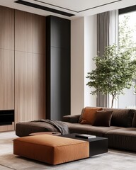 A modern living room featuring a stylish sofa, an orange ottoman, and large windows that bring in natural light, complemented by greenery.