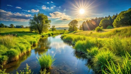 Obraz premium Lush Green Field with Sunny Stream - Nature Fashion Photography, Outdoor Beauty, Scenic Landscape, Vibrant Colors, Relaxing Environment, Eco-Friendly Fashion Inspiration
