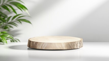 Wooden tree slice podium for product display presentation on a white background with shadows. Mockup of natural wood.