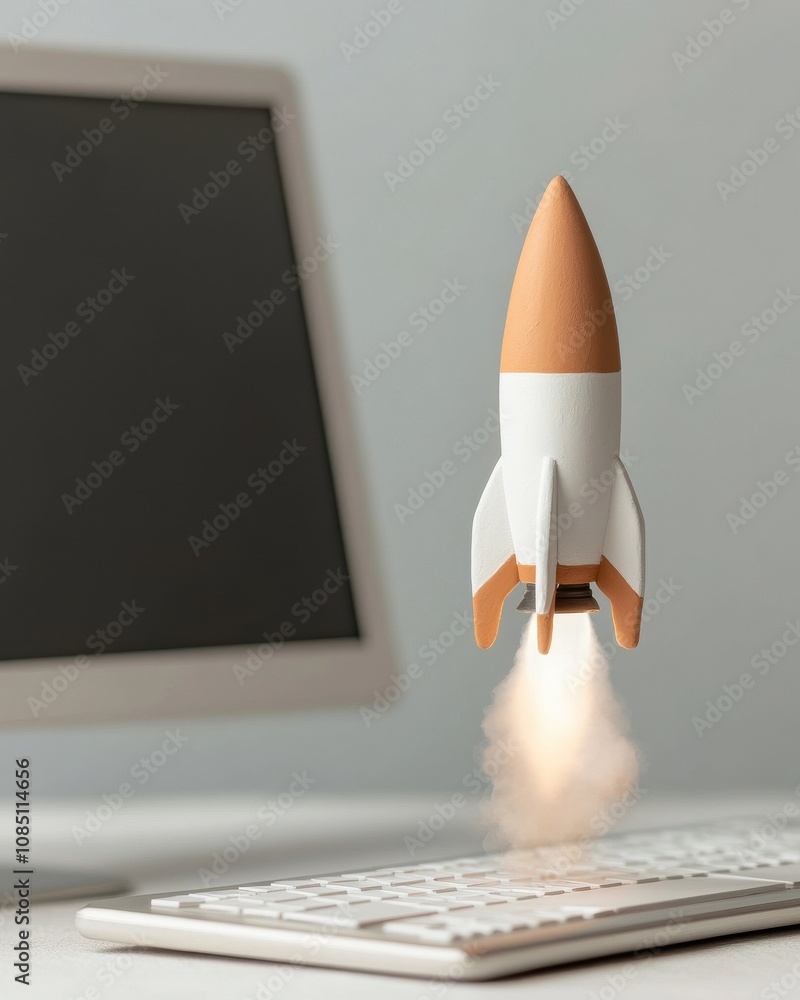 Poster a whimsical image of a rocket launching from a computer keyboard, symbolizing creativity and innovat