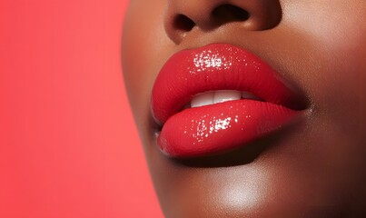 Obraz premium Close-up of glossy red lips in vibrant studio lighting, Generative AI 