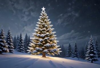 Obraz premium Luxury snowy Christmas tree scene under starry night sky, surrounded by snow-covered trees