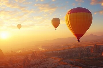 Obraz premium Breathtaking Sunrise Over Hot Air Balloons in the Serene Sky