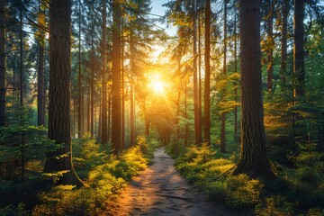 Fototapeta premium Serene Morning Sunlight Filtering Through Lush Forest Pathway for Nature Inspiration