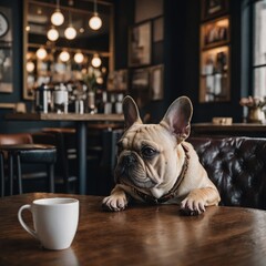 A French Bulldog sitting in a chic café with coffee cups on the table.