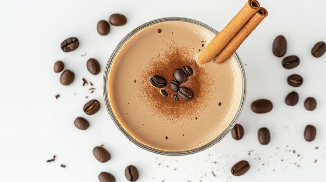 Glass of carajillo cocktail decorated with coffee beans and cinnamon sticks on white background