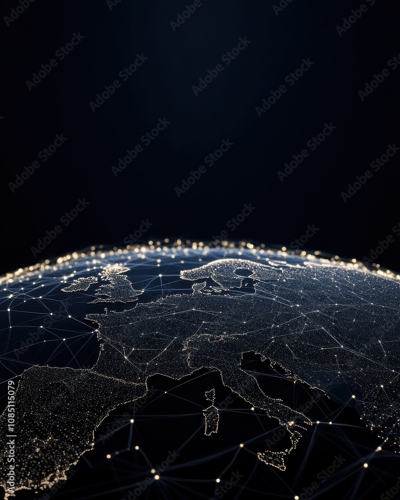 Poster a digital rendering of earth at night, showcasing illuminated cities and interconnected networks acr