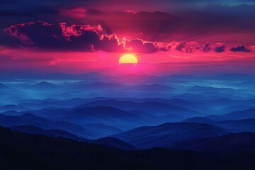 Fototapeta premium Majestic Sunset Over Blue Mountain Ranges: Landscape for Nature Enthusiasts