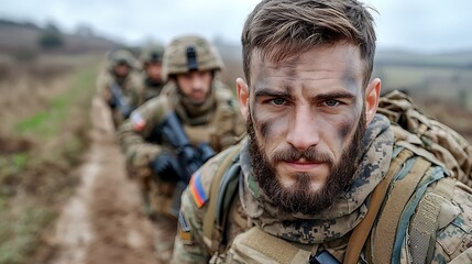 Obraz premium The soldiers, armed with cutting edge weaponry and tactical gear, moved forward with precision and determination, their expressions grim and focused as they advanced towards the enemy's position.