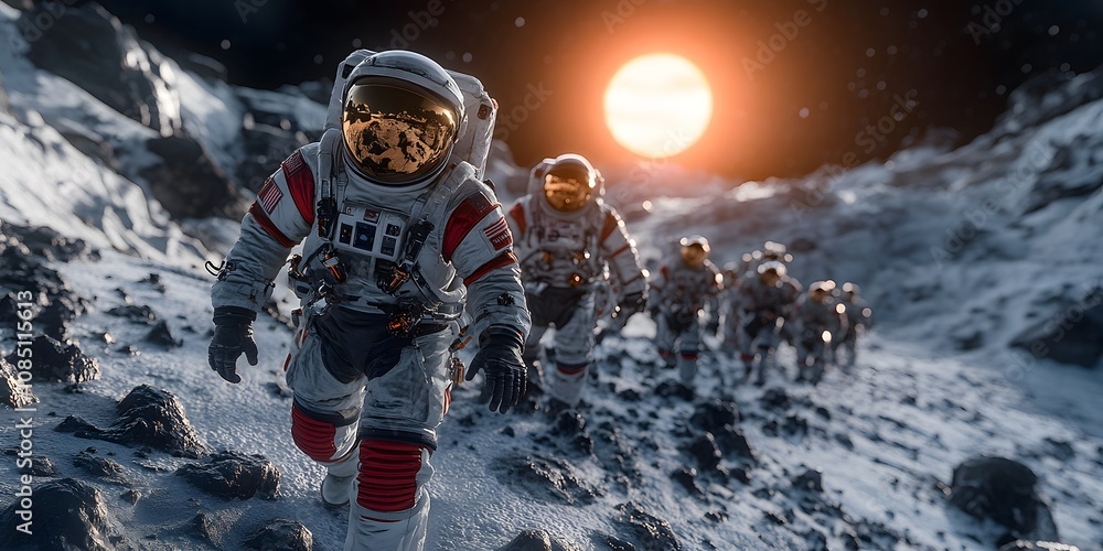 Aufkleber astronauts exploring a lunar-like surface with a distant sun and planet in the background.