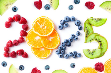 Fruits. New year 2025 made of fruits. Healthy food