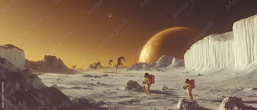 Aufkleber astronauts exploring a surreal alien landscape with distant planets and unusual creatures.