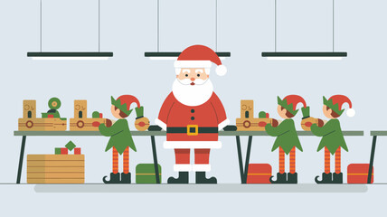 Santa and his elves in a minimalist toy factory setting.