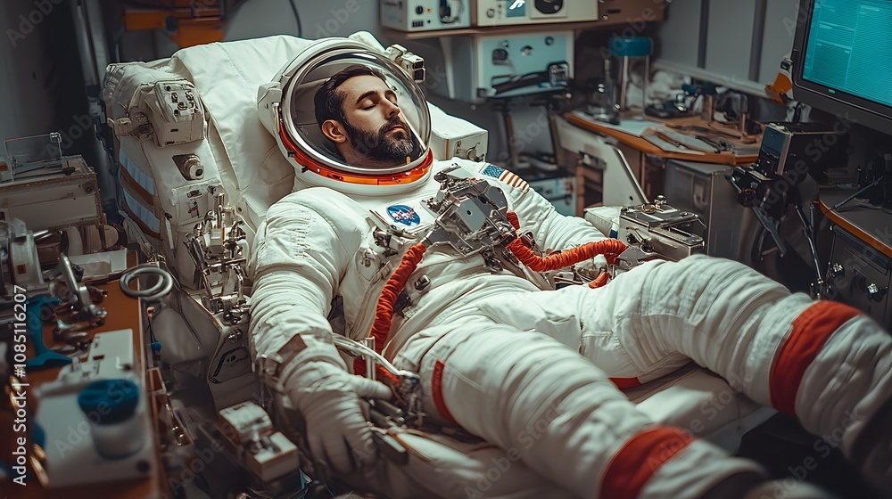 Aufkleber an astronaut in a space suit resting in a spacecraft environment.