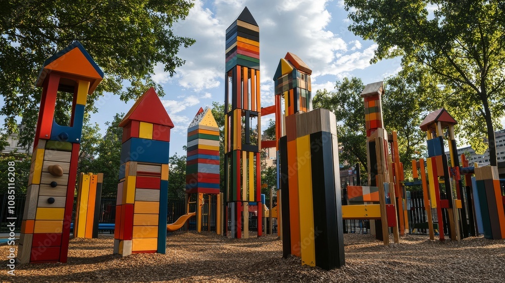 Aufkleber a whimsical block-building playground in a vibrant city park, towers and structures in a playful arr