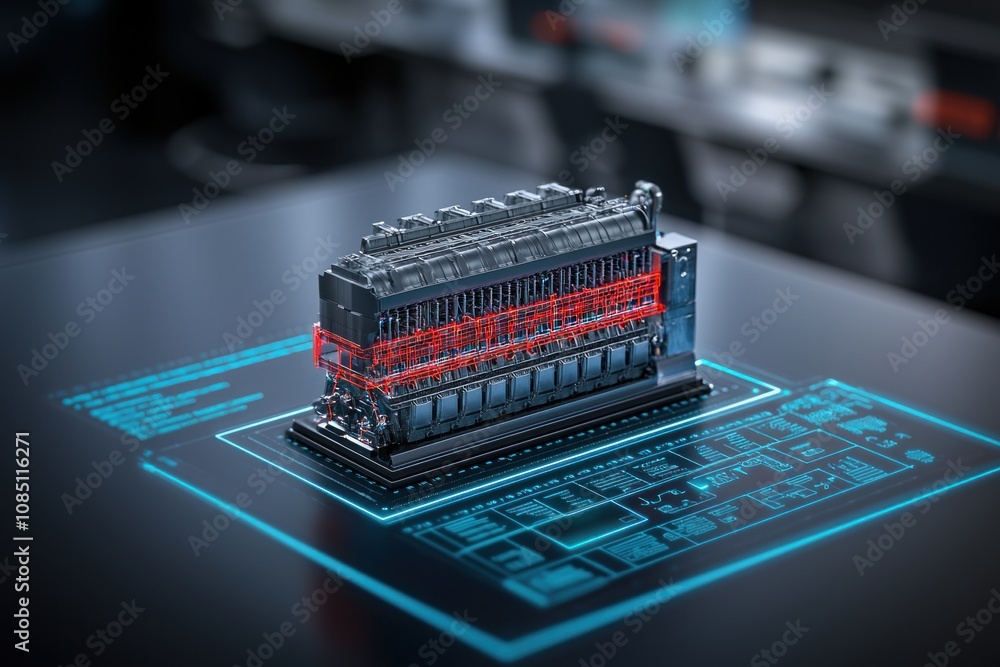 Poster innovative engine technology design modern laboratory 3d model high-tech setting isometric view engi