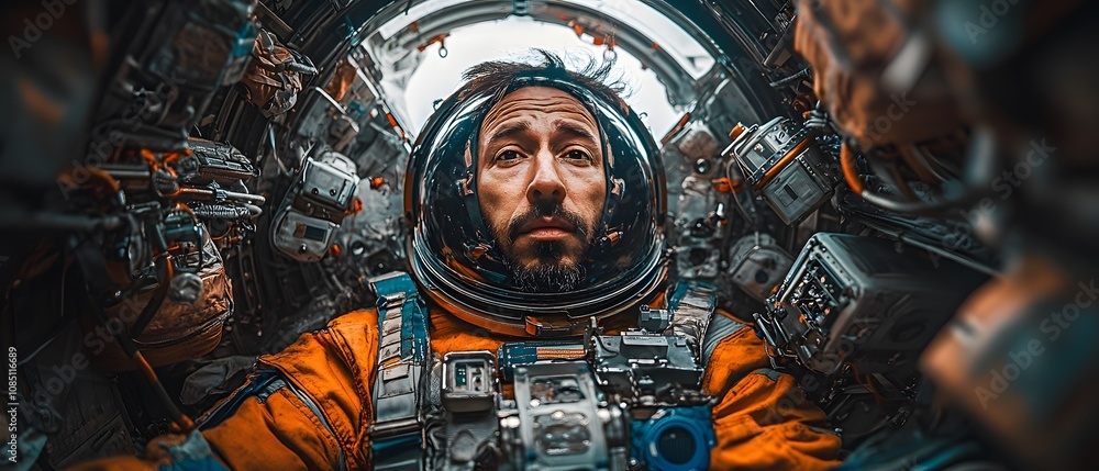 Aufkleber an astronaut inside a spacecraft, looking contemplative amidst various controls and instruments.