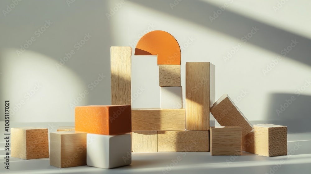 Poster an abstract block-building setup with artistic patterns, contemporary construction style, photo of