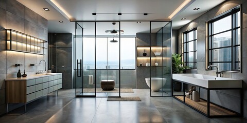 Fototapeta premium Minimalist Steel and Glass Bathroom Interior Design Mockup - Modern Elegance, Sleek Lines, Functional Space, Stylish Fixtures, Contemporary Aesthetics, Luxury, Zen Atmosphere, Clean Design