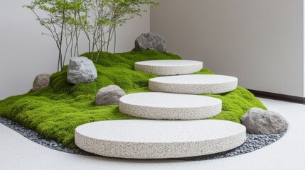 2408_085 Serene nature stage surrounded by zen rock arrangement, A tranquil circular platform nestled amidst carefully placed stones, set against a moss accent backdrop, inviting exploration and