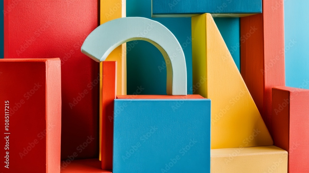 Poster An abstract block-building setup with geometric patterns, Contemporary construction style, photo of