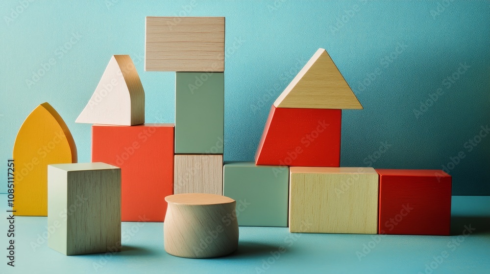 Aufkleber an abstract block-building setup with geometric patterns, contemporary construction style, photo of