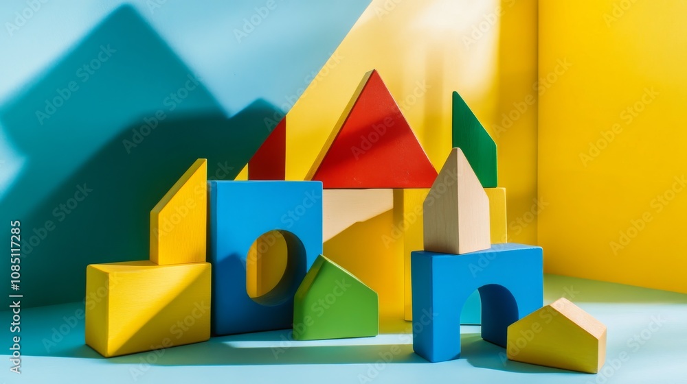 Aufkleber an abstract block-building setup with geometric patterns, contemporary construction style, photo of
