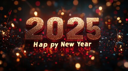 "2025 Happy New Year" in a modern, blocky gold font with sparkling lights around the edges.