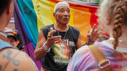 A gay elder in his 70s passionately shares stories of the first pride march during a workshop, surrounded by an attentive younger generation with a pride flag backdrop