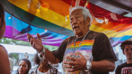 An elder passionately shares his experiences of the first pride march during a workshop, engaging younger attendees with heartfelt gestures, surrounded by a vibrant pride flag