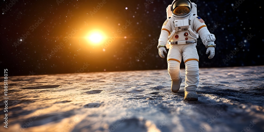 Poster an astronaut walking on the lunar surface with a sun setting in the background.