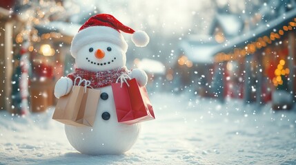 Snowman with shopping bags. Christmas and New Year holidays concept.